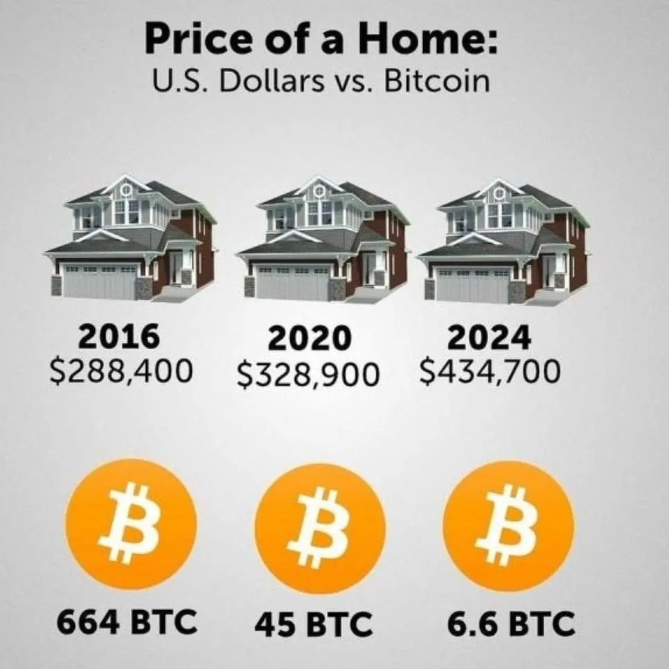 Price of a Home: U.S. Dollars vs. Bitcoin comparison showing the same house requiring 664 BTC in 2016, 45 BTC in 2020, and only 6.6 BTC in 2024